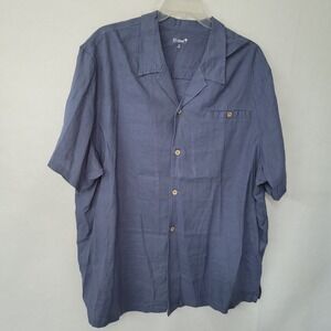KS Island‎ Shirt Mens 2XL Big Blue Linen Rayon Short Sleeve Button Up Camp Shirt